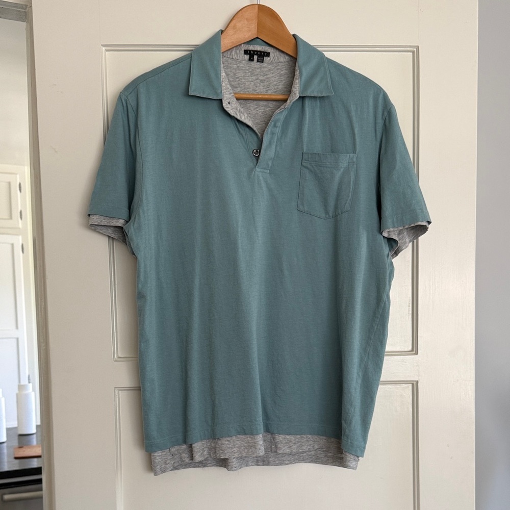 Theory Men's Teal Polo with Heather Gray layering